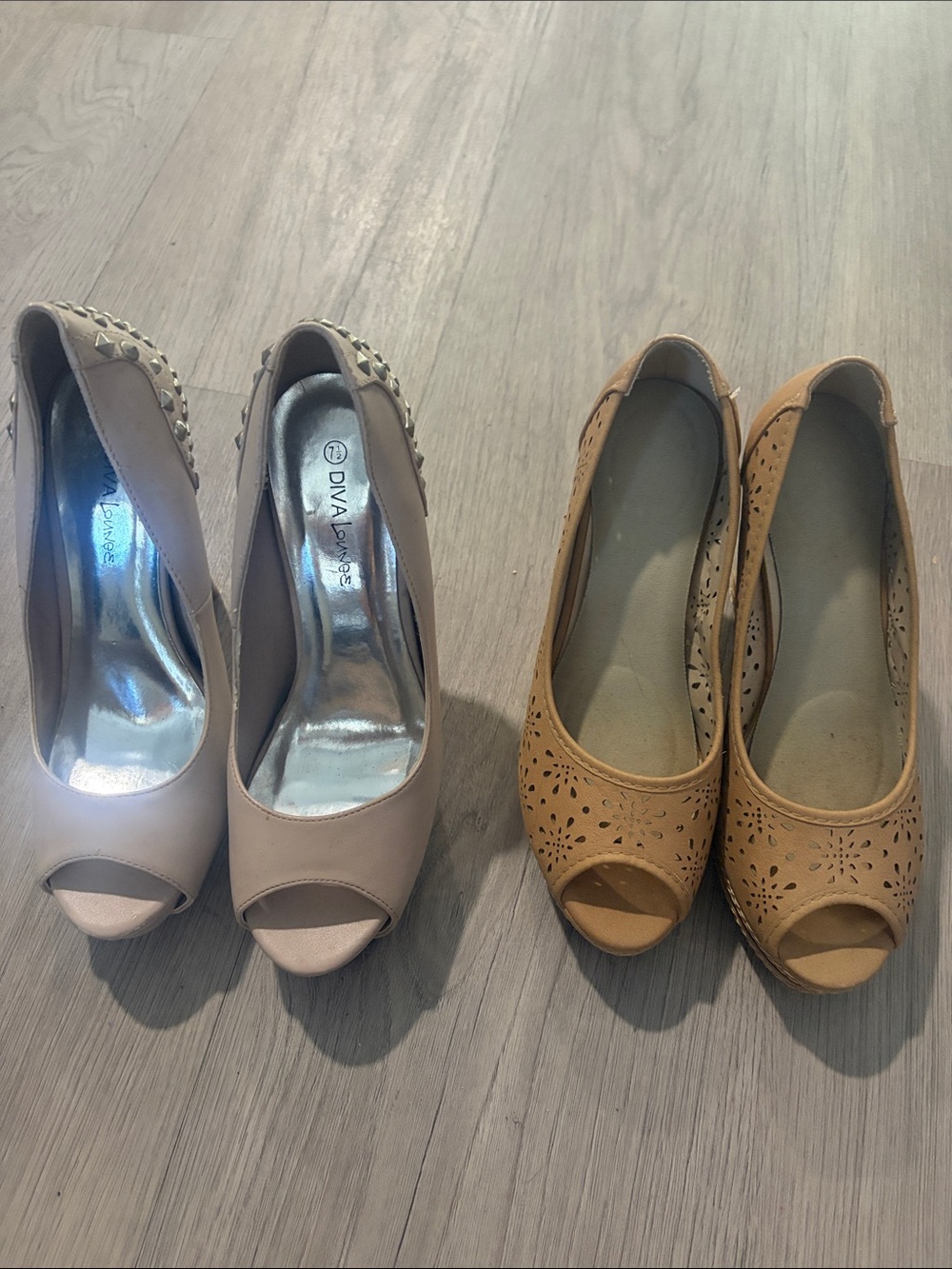 2 pairs Blush/tan Peep-Toe Heels one stiletto one wedge